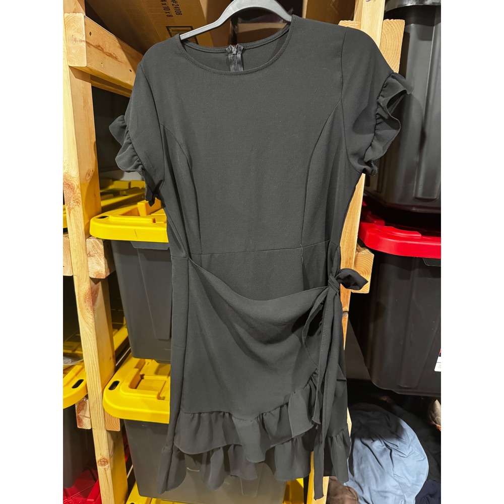 WEEPINLEE Black Ruffle Wrap Mini Dress Short Sleeve Crew Neck Tiered Hem Medium